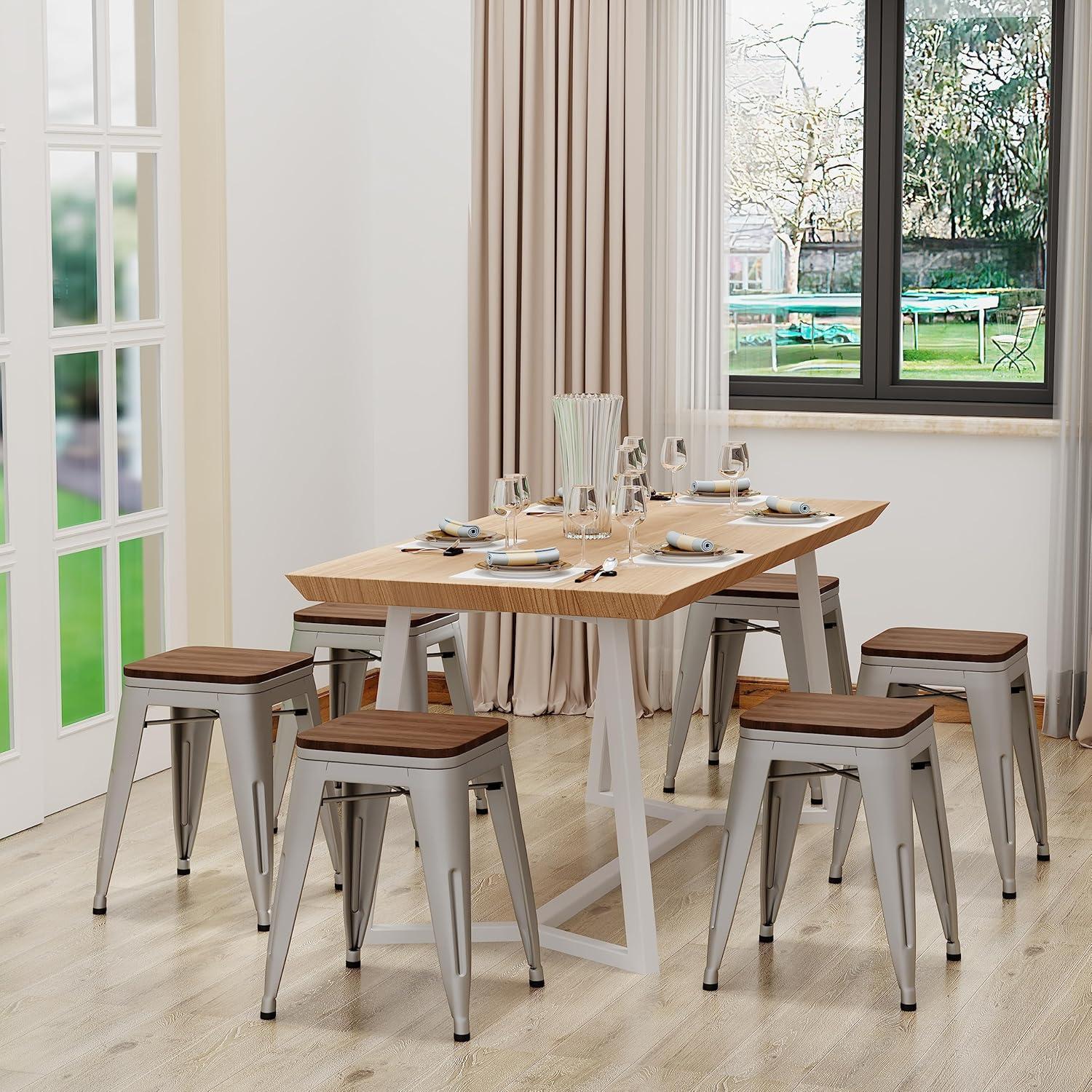 Flash Furniture 18" Backless Table Height Stool with Wooden Seat, Stackable Silver Metal Indoor Dining Stool, Commercial Grade - Set of 4