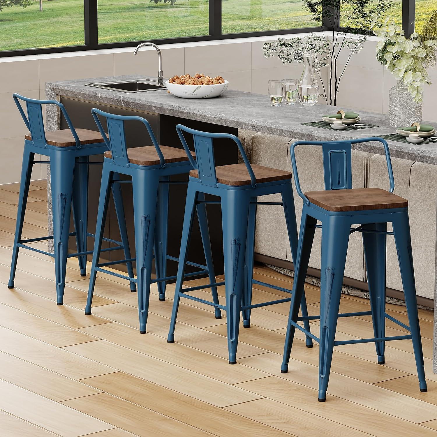 Distressed Navy Industrial Metal Bar Stools with Wood Seats