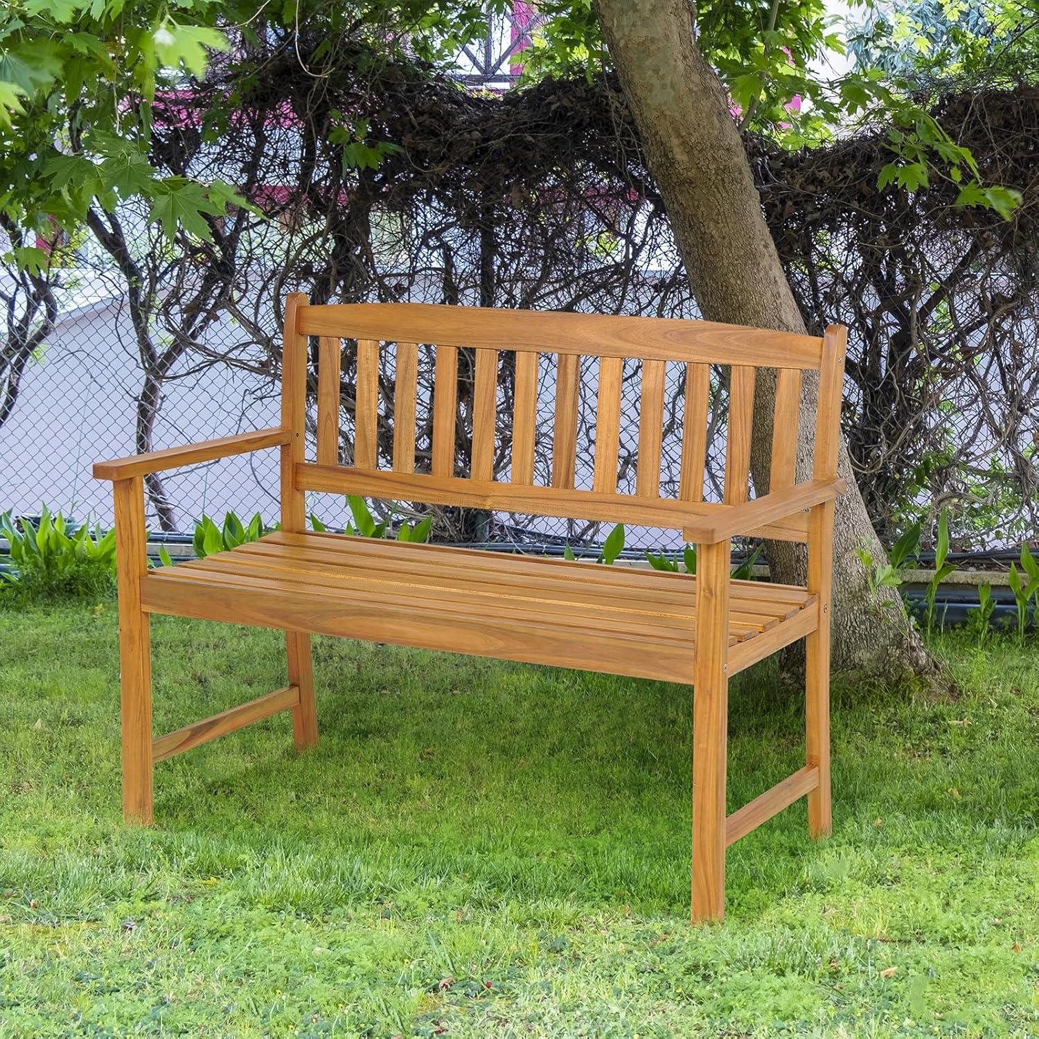 GVN 2-Person Outdoor Acacia Wood Bench with Backrest, Comfortable Outdoor Seating with Resistant Finish