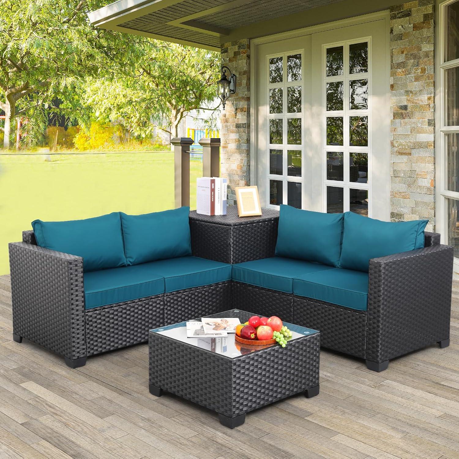 WAROOM Outdoor PE Wicker Patio Furniture Set 4 Piece Black Rattan Sectional Sofa Loveseat Couch Conversation Set with Storage Box Glass Top Table and Anti-Slip Peacock Blue Cushion