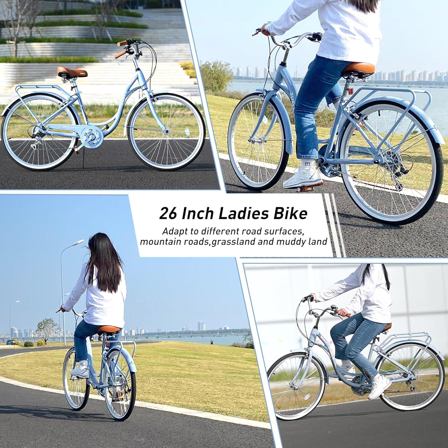 26" Womens Bike 7 Speeds Steel Frame Beach Cruiser Bike Comfort Ladies City Bike, Beige