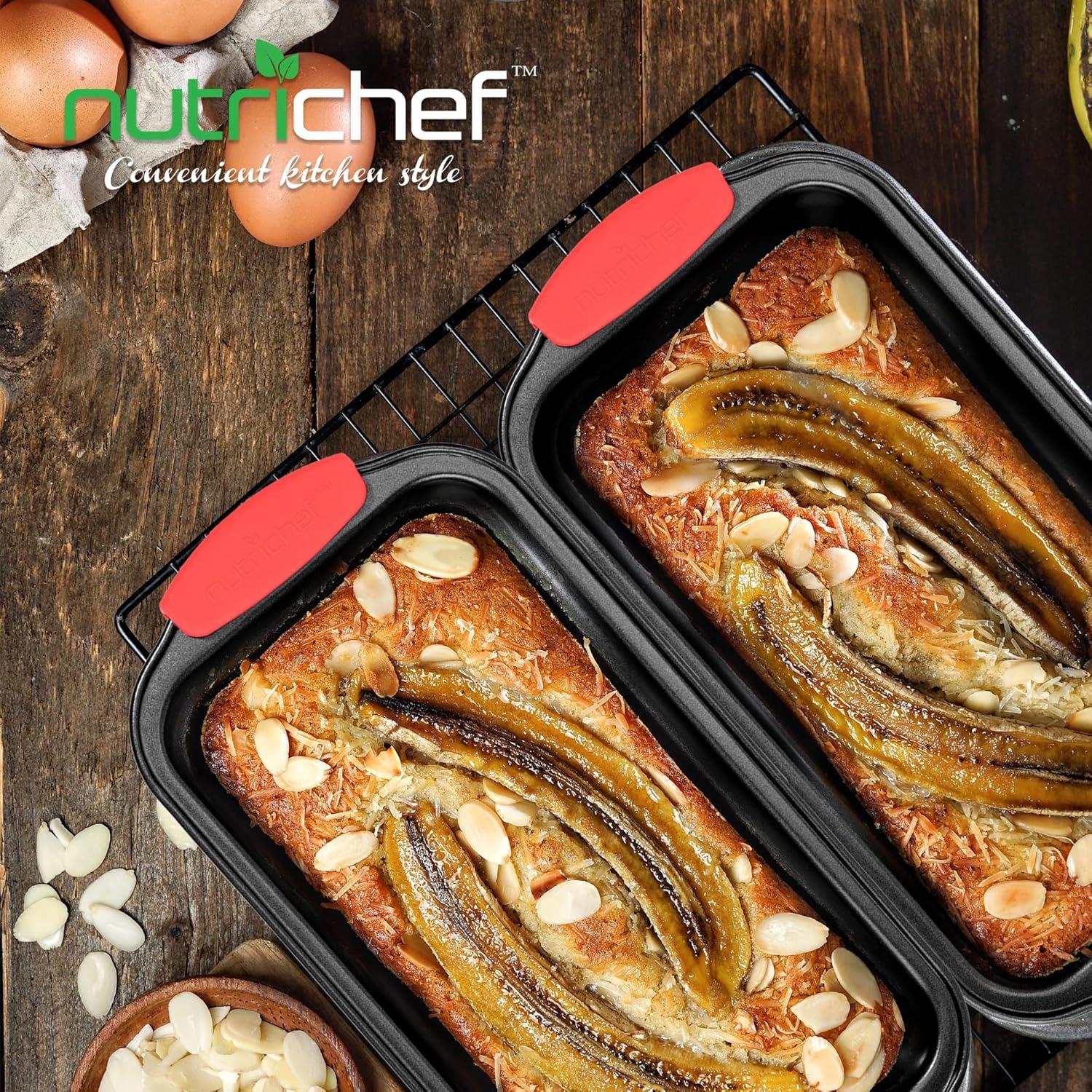 NutriChef Non-Stick Loaf Pan - Deluxe Nonstick Gray Coating Inside and Outside with Red Silicone Handles