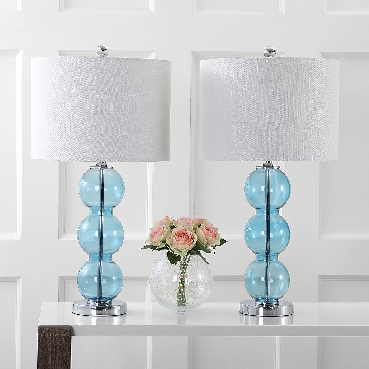 JONATHAN Y Bella 27" Glass Triple-Sphere LED Table Lamp, Sky Blue/Chrome (Set of 2)