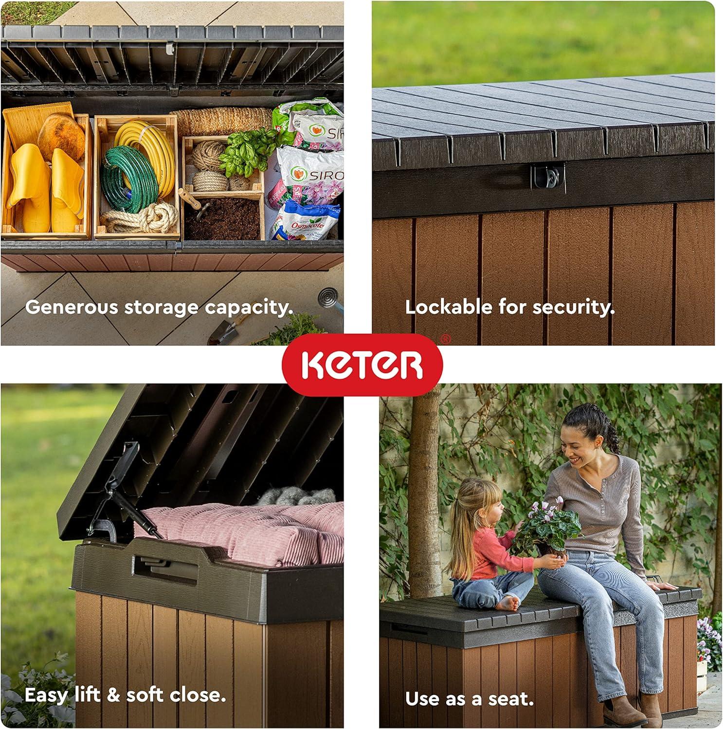 Keter Darwin 100 Gallon Durable Resin Outdoor Storage and Organization Deck Box Ideal For Garden Patio Furniture and Supplies, Brown