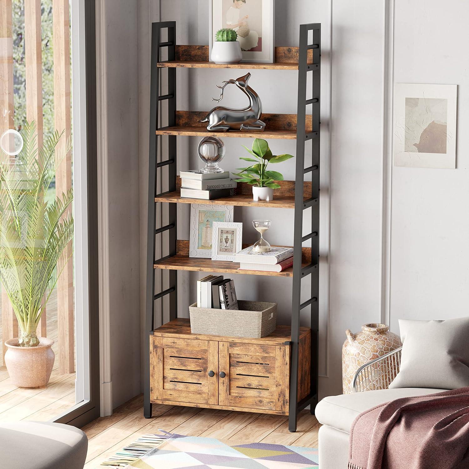 IRONCK Bookshelf with Louvered Doors, 4 Shelves Ladder Shelf with Cabinet Rustic Brown