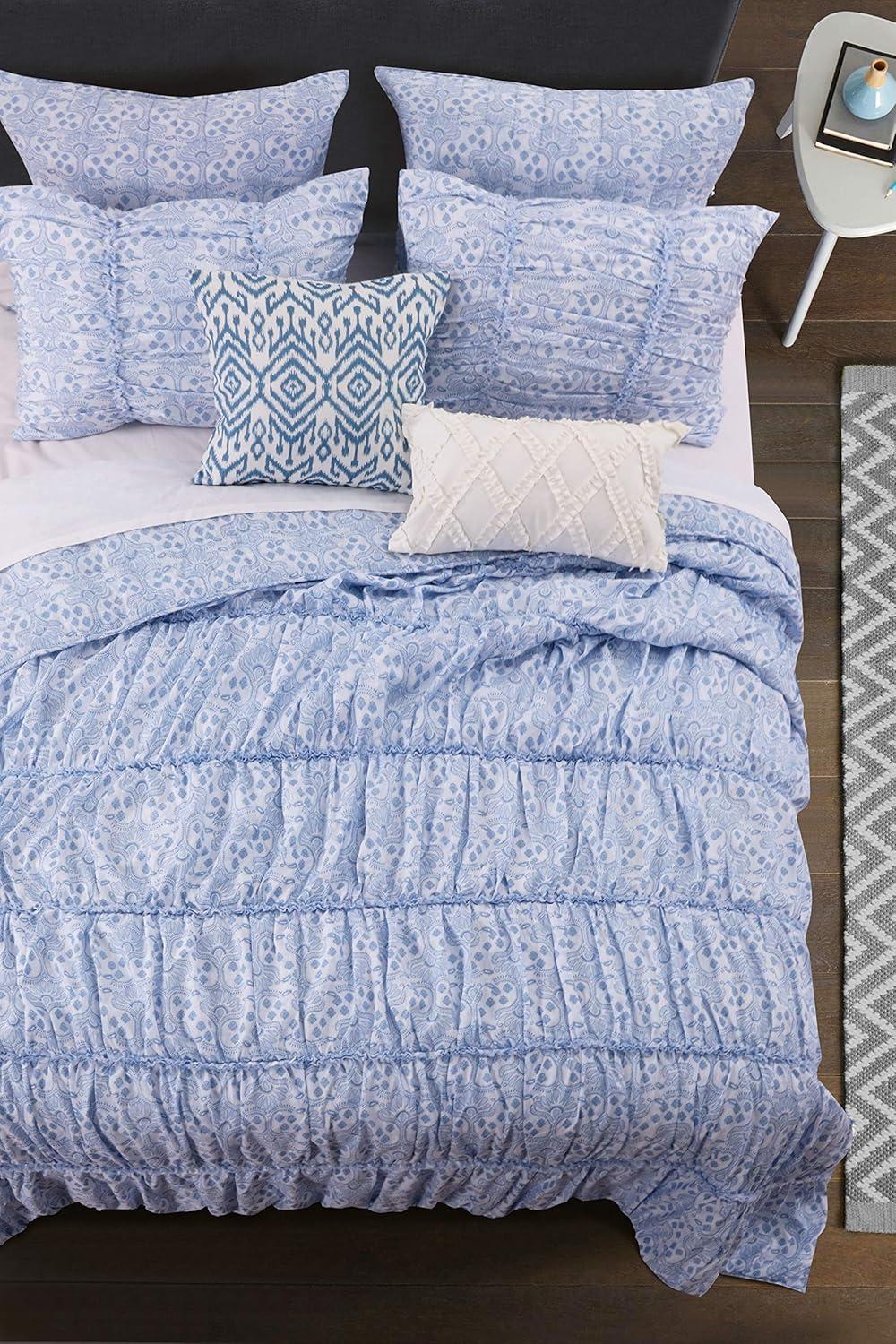 King Blue Microfiber Gathered Quilt Set