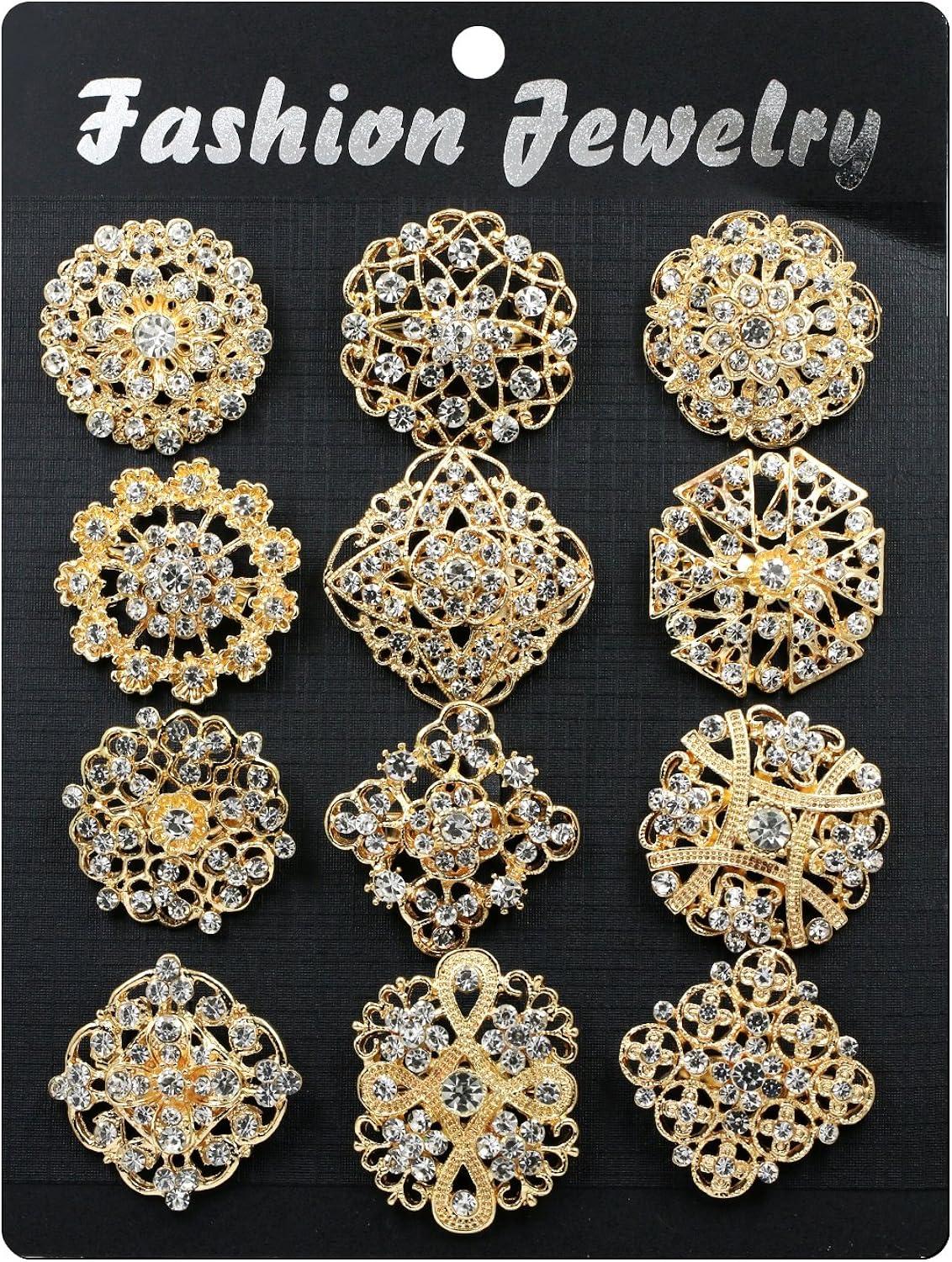 Zhouqiannn Exquisite Alloy Brooches with Rhinestones 24pc Golden Set for Wedding Bouquets and Dresses Birthday Party Event Wristbands Event Dress Party Flag Tropical Party Decorations Party Dress for