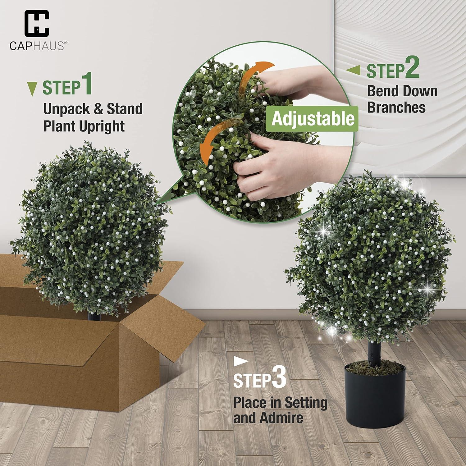 JepoIA Artificial Boxwood Topiary Tree Set of 2, Artificial UV Resistant Bushes, Faux Potted Tree, Plant in Pot w/Dried Moss, Fake Shrubs for Indoor, Front Porch, Outdoor, w/Orange Flower