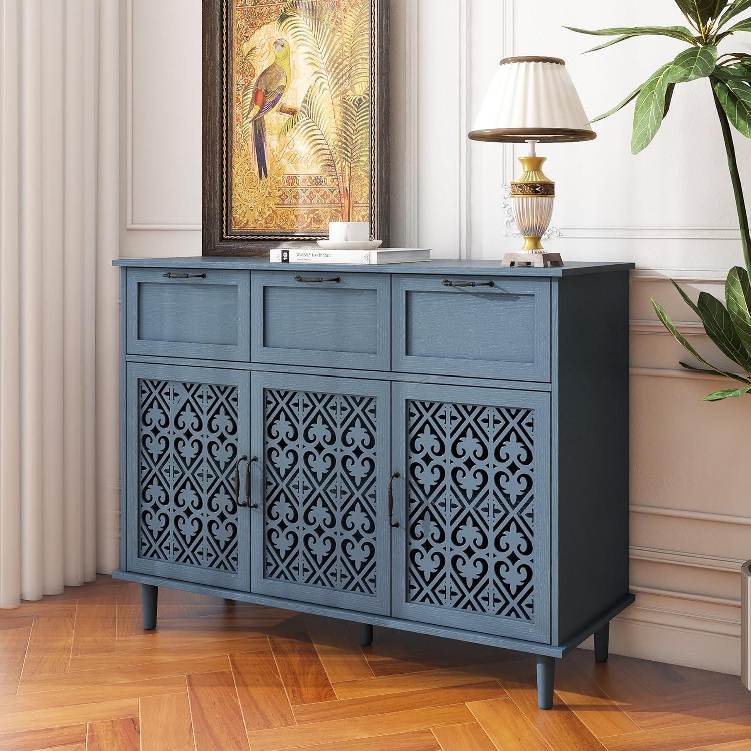 Lunale 47.24" Retro Hollow-Carved 3 Door 3 Drawer Cabinet, Storage Sideboard Buffet Accent Cabinet for Living Room, Lake Blue