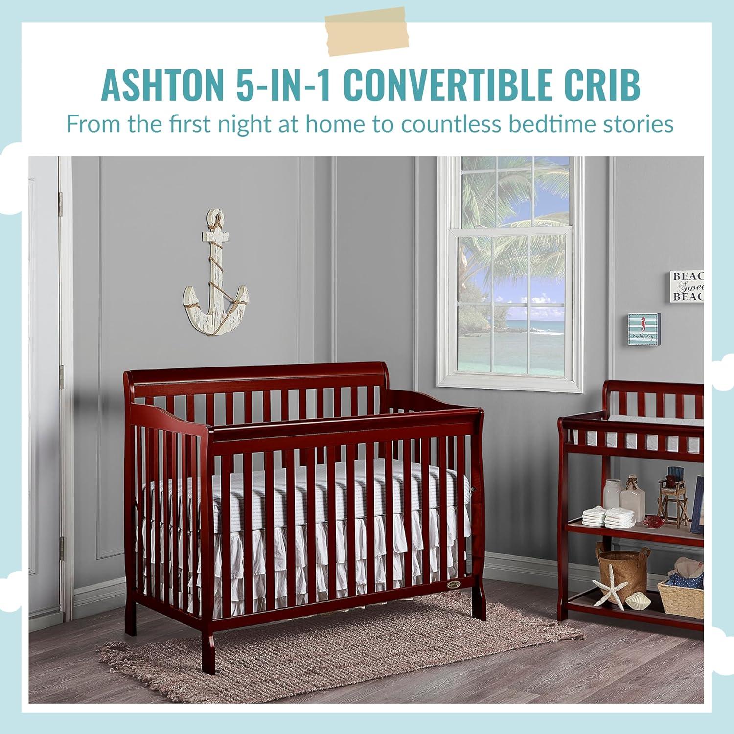 Dream On Me Ashton 5-in-1 Convertible Crib, Cherry, Greenguard Gold and JPMA Certified