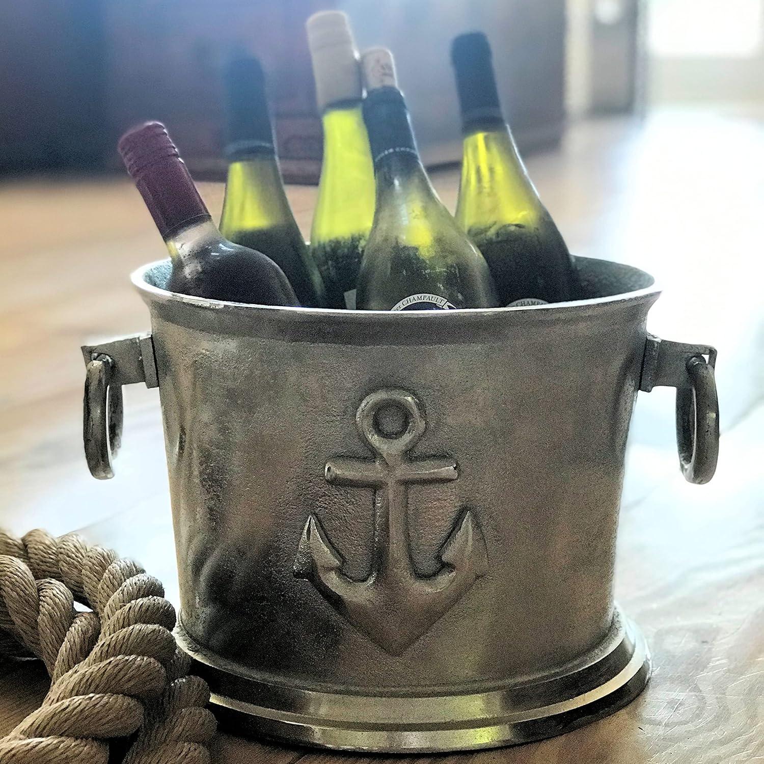 Luxury Champagne Ice Bucket, Elegant Script Text Details, Hand Cast, Silver Aluminum, 18.5 inches