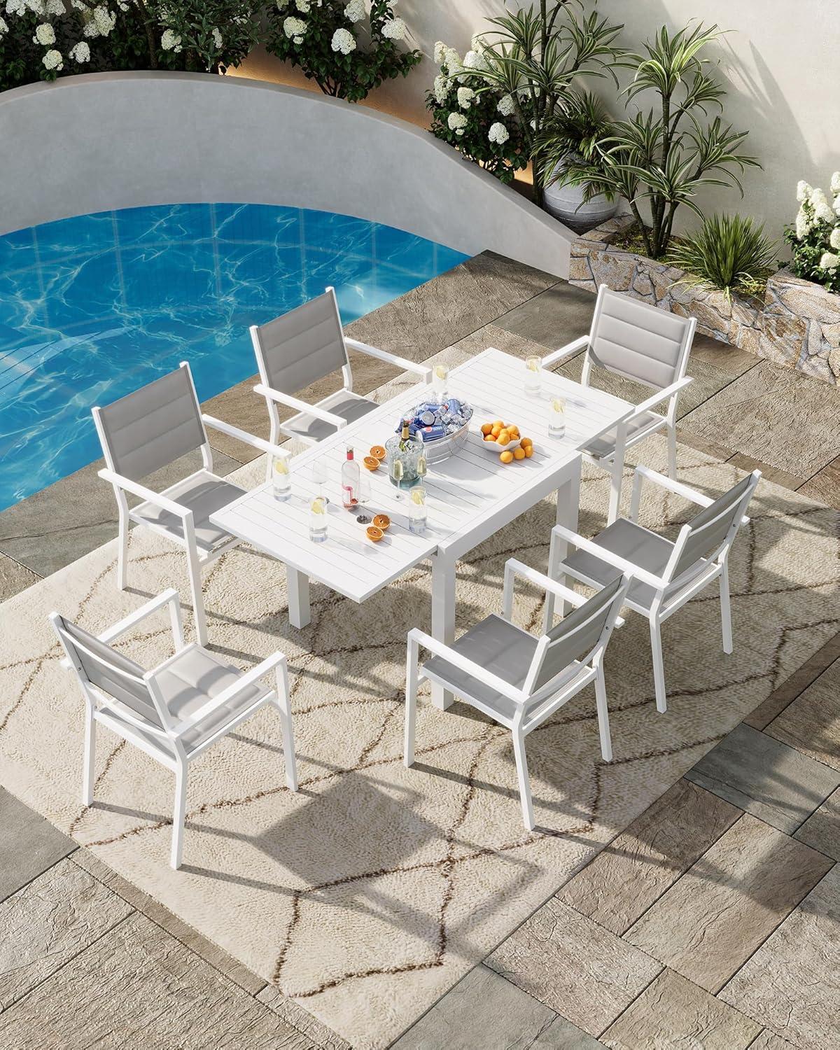 Garvee Expandable Outdoor Dining Table – Adjustable Patio Table for 4-6 People, Durable Aluminum Slat Frame for Backyard, Deck, and Porch, White