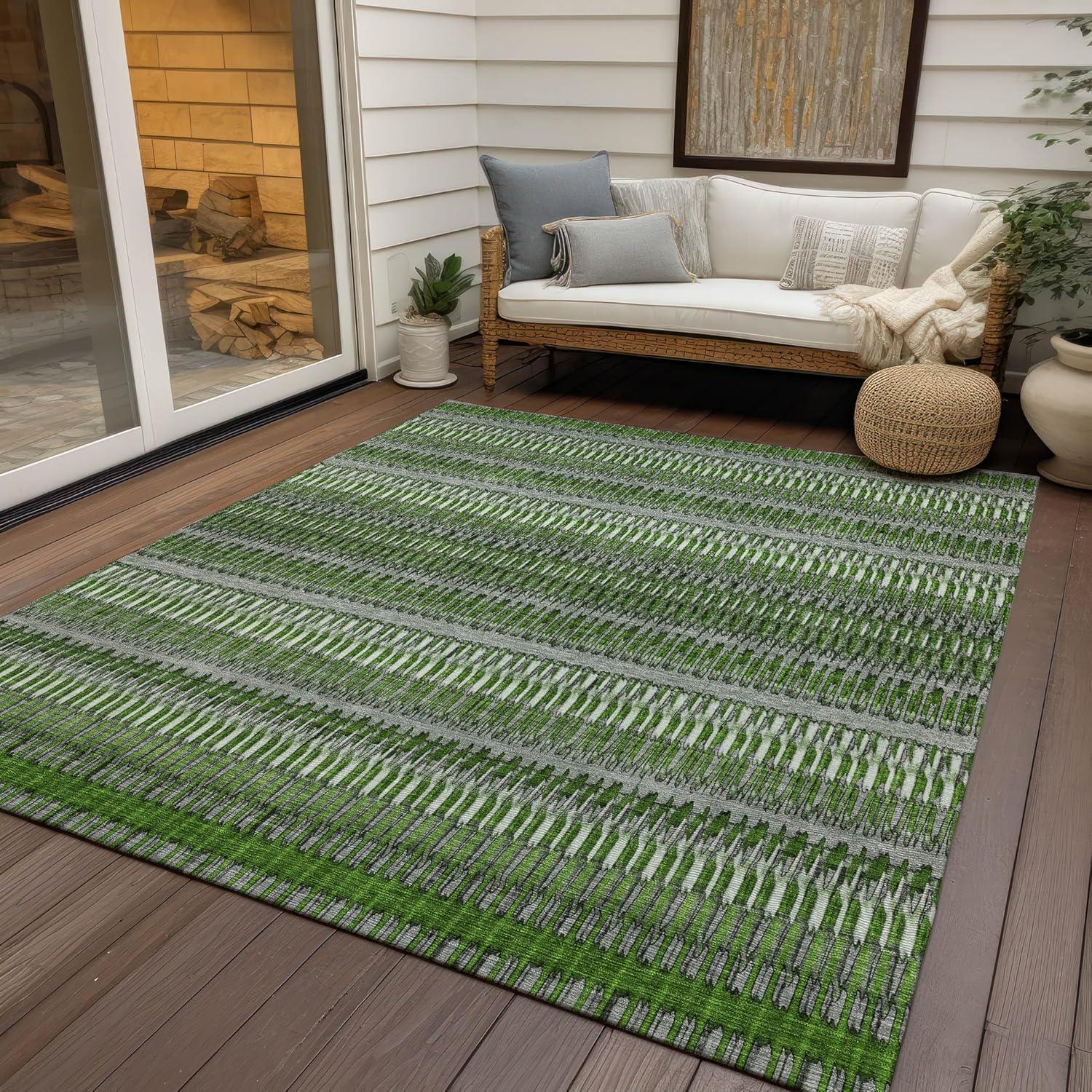 Green and Gray Striped 10' x 14' Synthetic Indoor Outdoor Rug