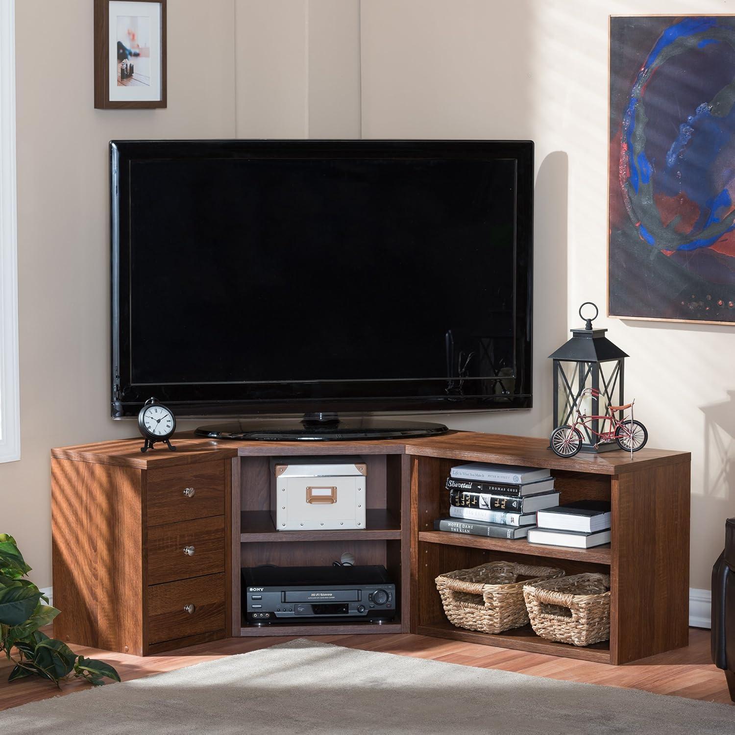 Baxton Studio Commodore TV Stand for TVs up to 55" Brown: Mid-Century Modern Entertainment Center, Media Console