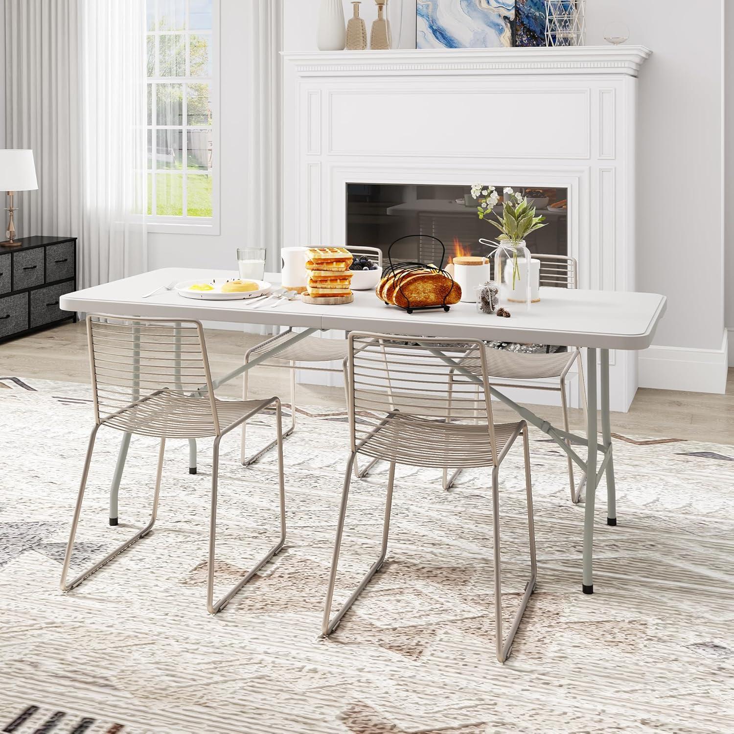 Folding Table 6 Foot,  Heavy-Duty, Portable Plastic Construction with Carrying Handle – Perfect for Picnics, Parties, and Office Indoor Outdoor Use, White