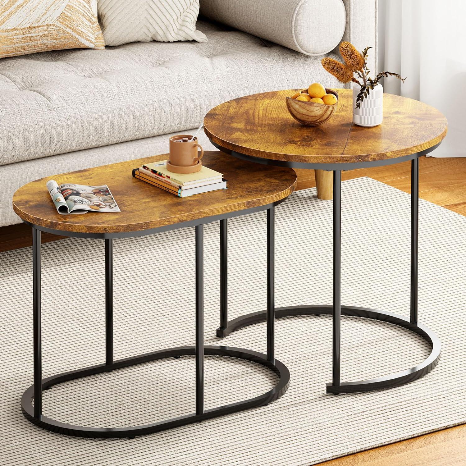 Bennium Industrial Round Nesting Coffee Table Set of 2, Circle Coffee Table Nested Sets Sturdy Stacking Table for Living Room Small Spaces Office, Easy Assemble, Rustic Brown