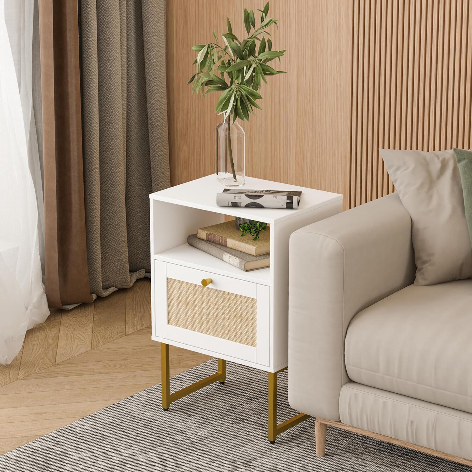 White and Gold Modern Rattan Nightstand with Drawer