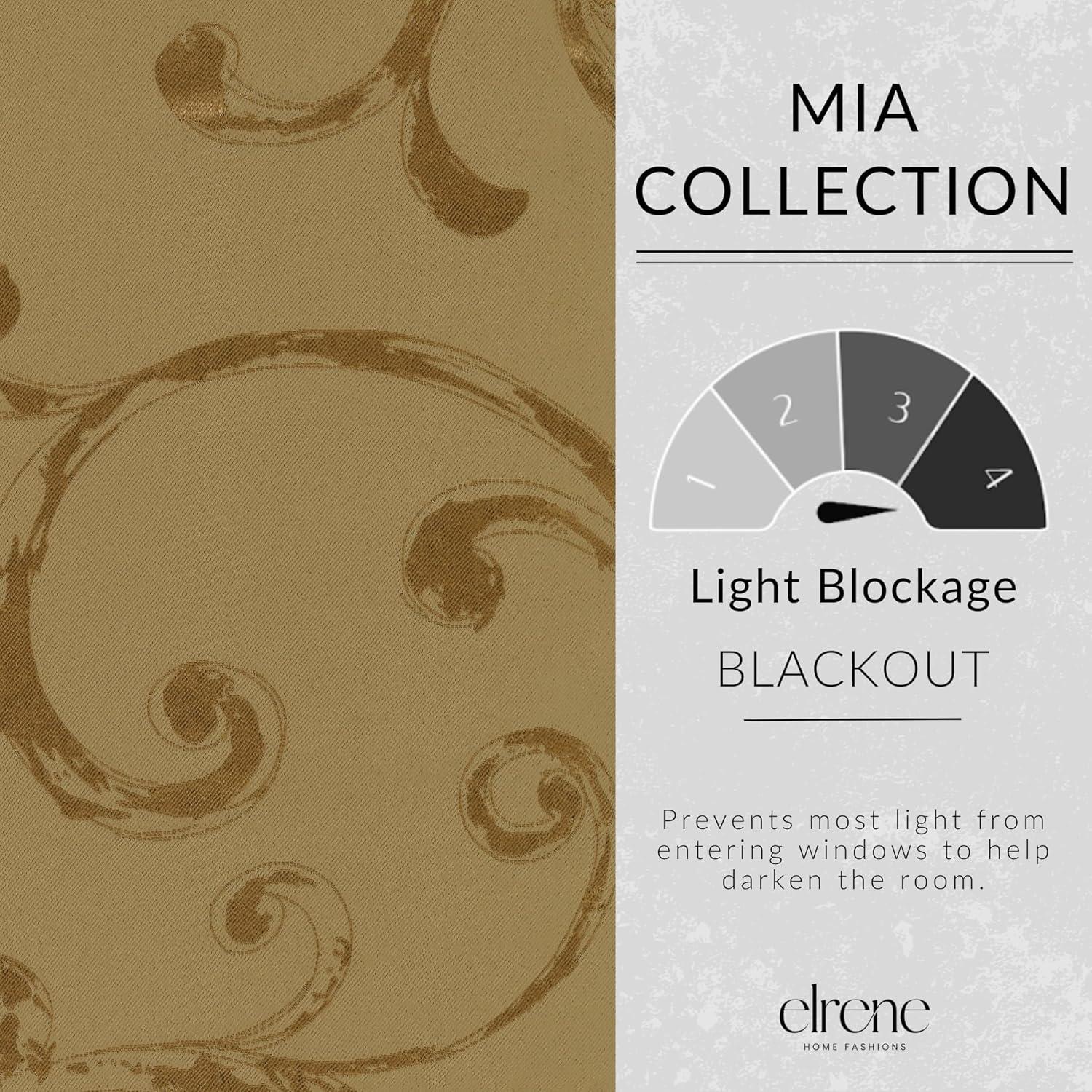 Mia Jacquard Scroll Blackout Window Curtain Panel - 52" x 95" - Gold - Elrene Home Fashions