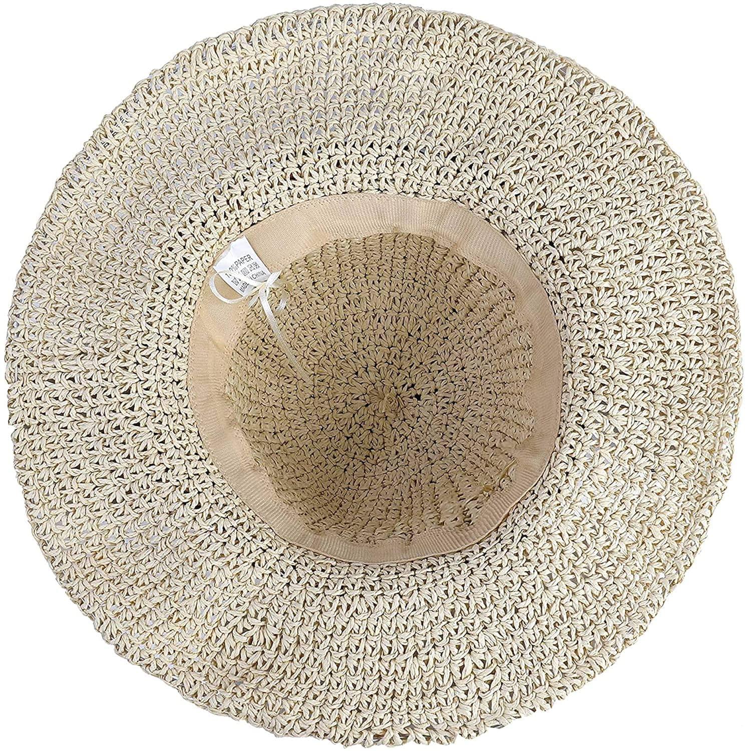 Women Straw Hat Wide Brim Beach Sun Cap Foldable Large Lady Floppy 100% Natural Paper Braided for Travel Decoration Summer Vacation Soft Lightweight and Breathable (Beige)