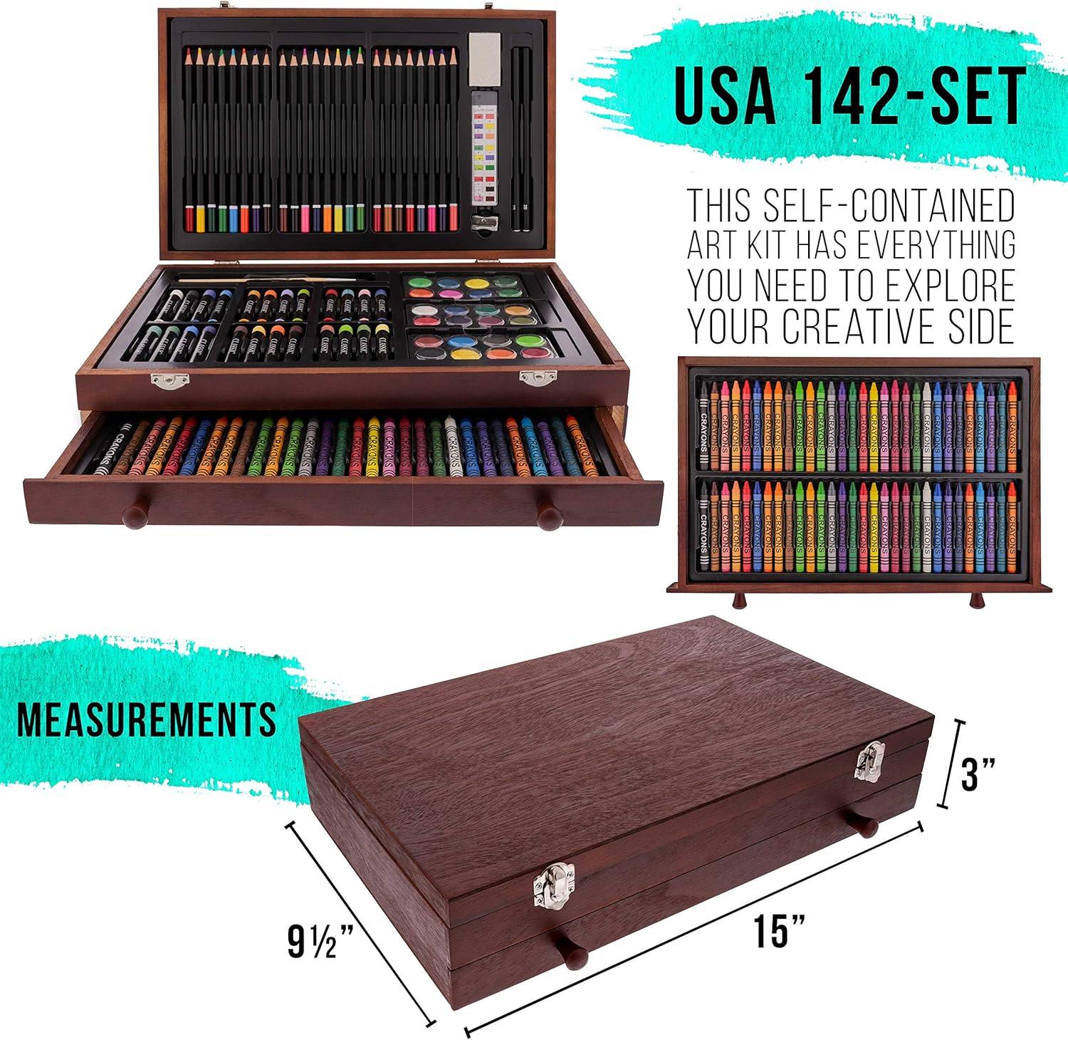 U.S. Art Supply 143-Piece Mega Wood Box Art Painting, Sketching and Drawing Set in Storage Case - 24 Watercolor Paint Colors, 24 Oil Pastels, 24 Colored Pencils, 60 Crayons, 2 Brushes, Artist Kit