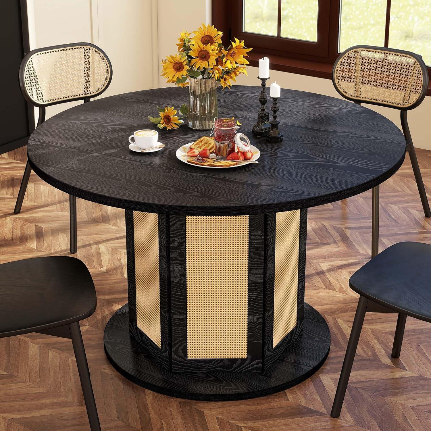 47-Inch Black Reclaimed Wood Farmhouse Dining Table with Rattan Base