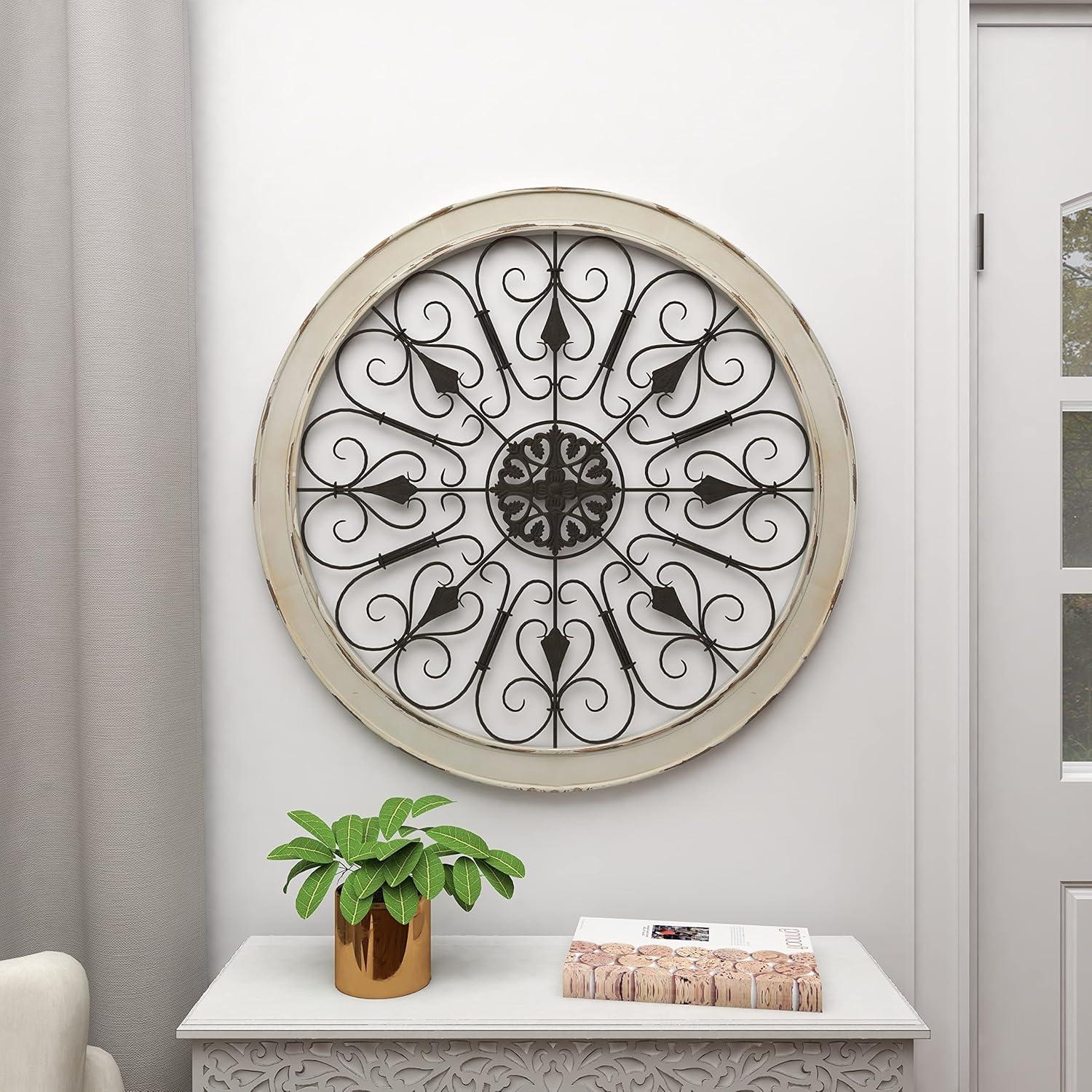 DecMode Brown Wood Arabesque Scroll Wall Decor with Metal Fleur De Lis Relief