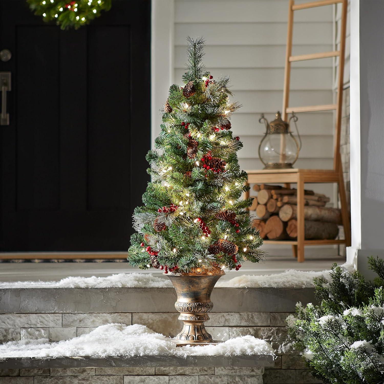 Prelit Flocked Crestwood Spruce Artificial Christmas Tree in Pot with Cones and Berries Clear Lights - National Tree Company