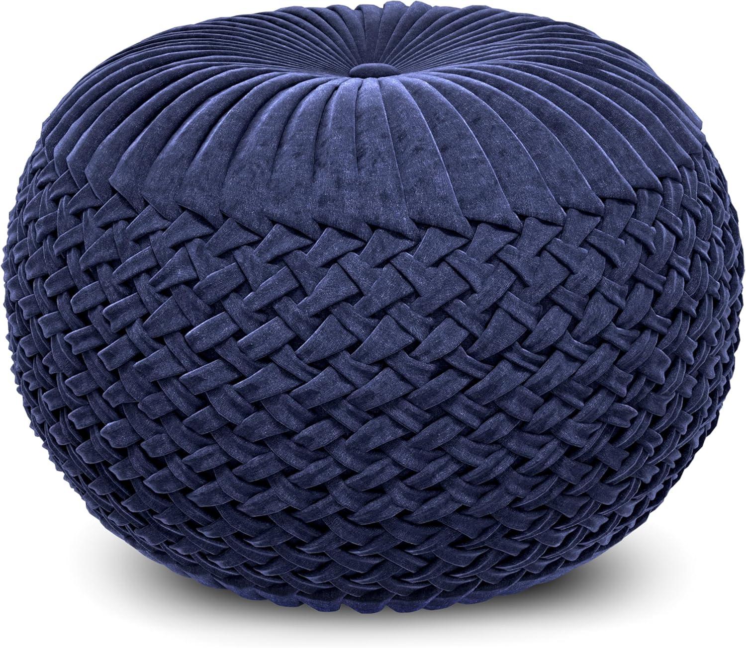 Simpli Home Grafton Transitional Round Pouf in Dark Blue Velvet Fabric