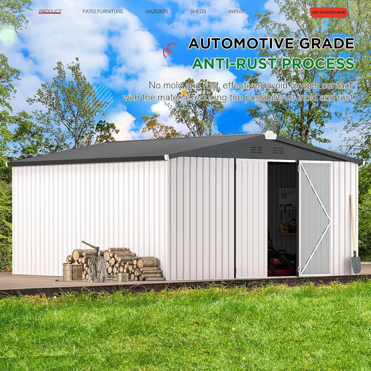 AECOJOY 12' x 12' Outdoor Storage Shed with Lockable Door Patio Metal Garden Storage Building in White for Outside