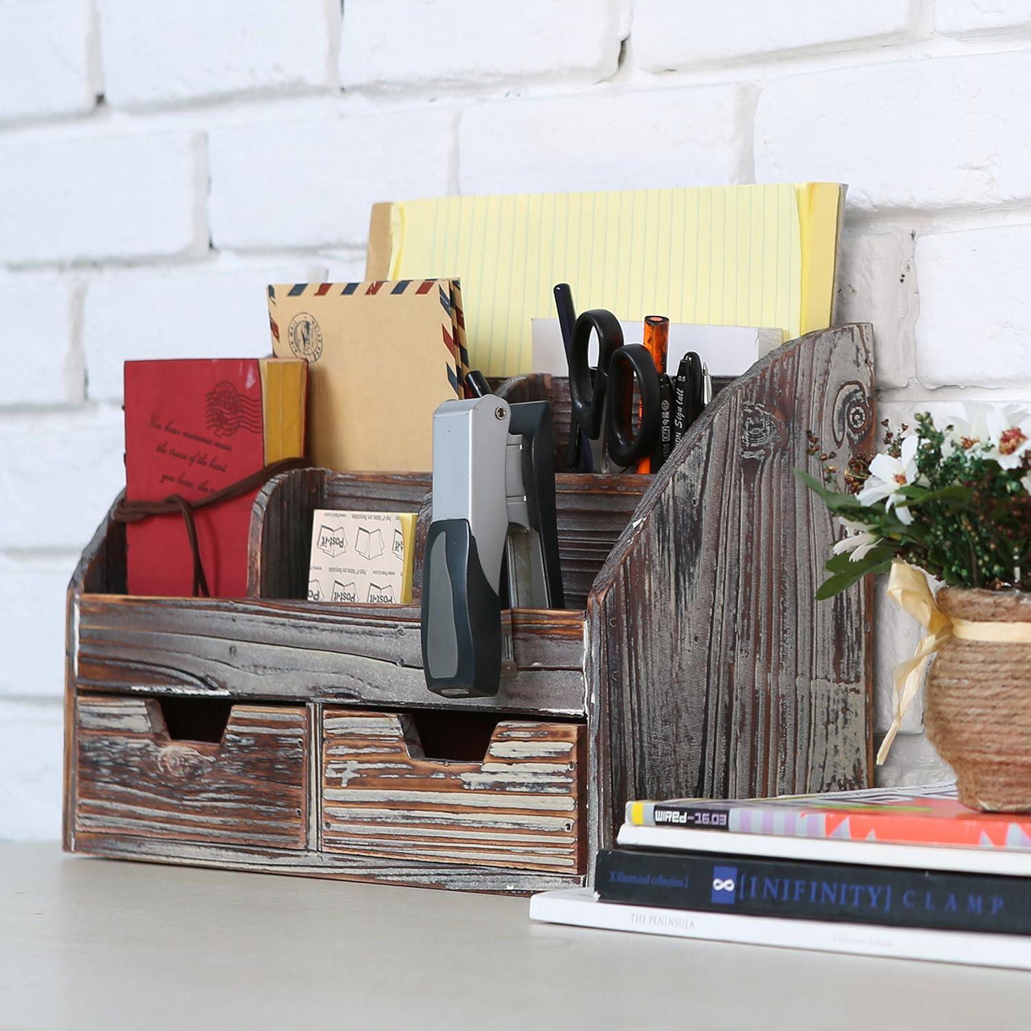 MyGift 6-Compartment Distressed Torched Wood Desk Organizer Supplies Rack