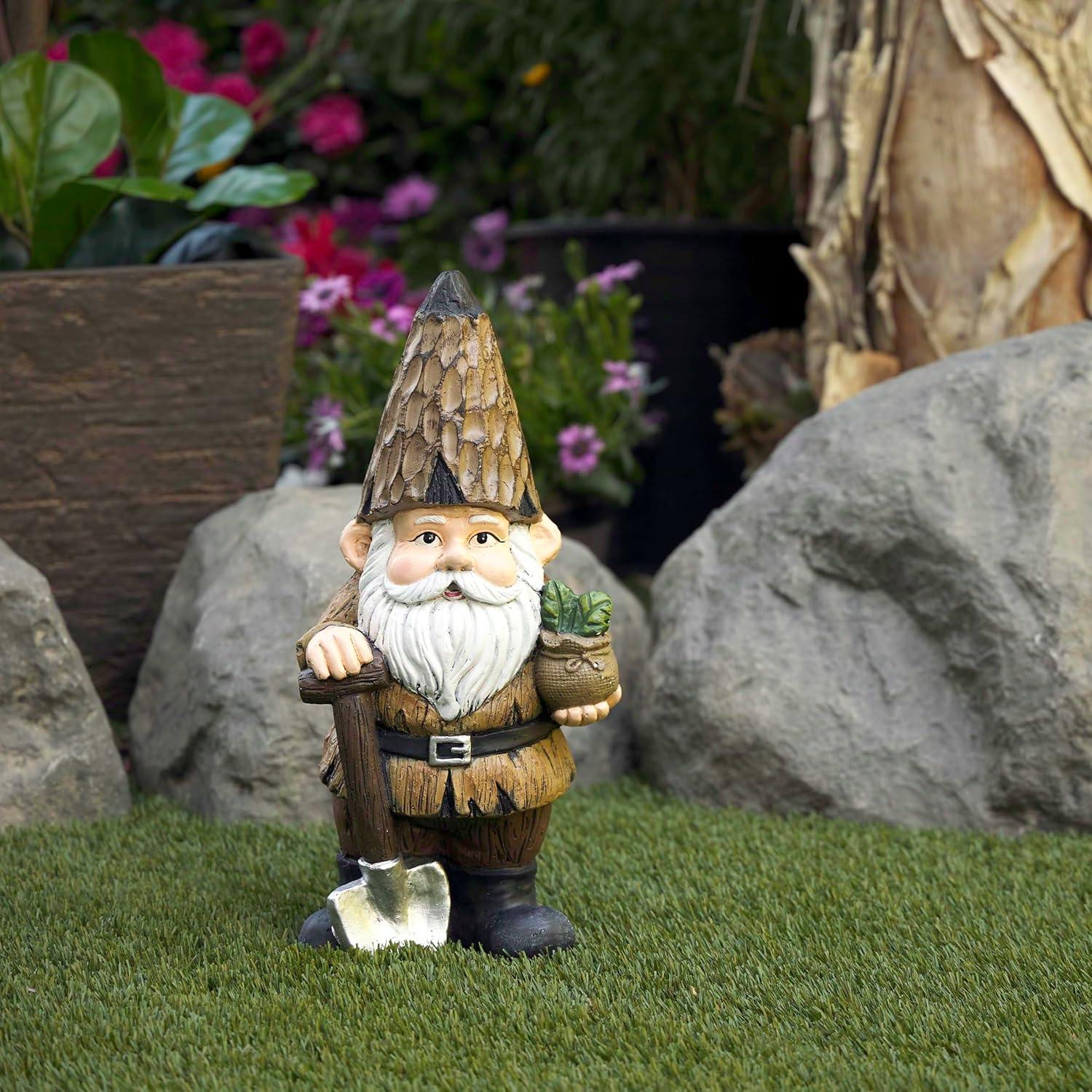 Alpine Corporation 7" x 6" x 16" Polystone Gnome with Shovel Garden Statue, Brown