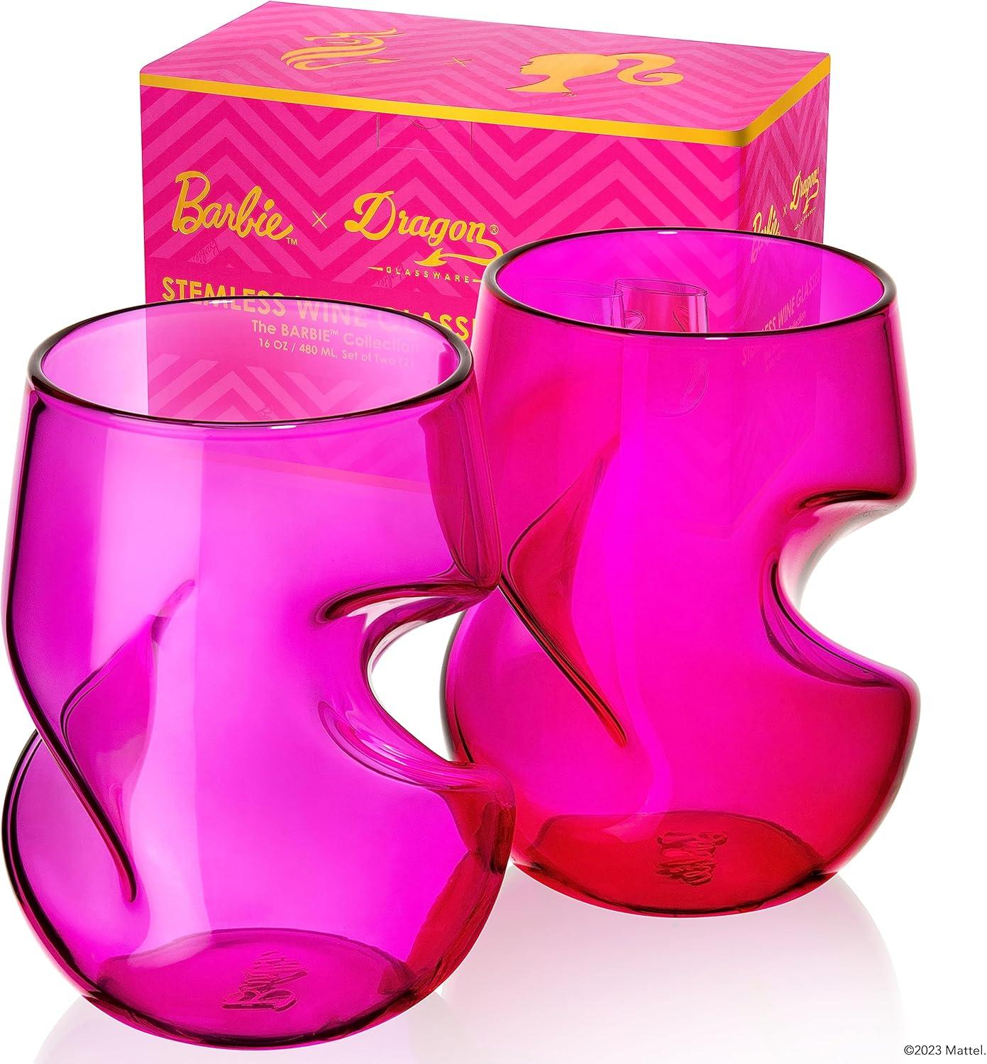 Barbie x Dragon Glassware 16 oz Stemless Wine Glasses Pink & Magenta Set of 2