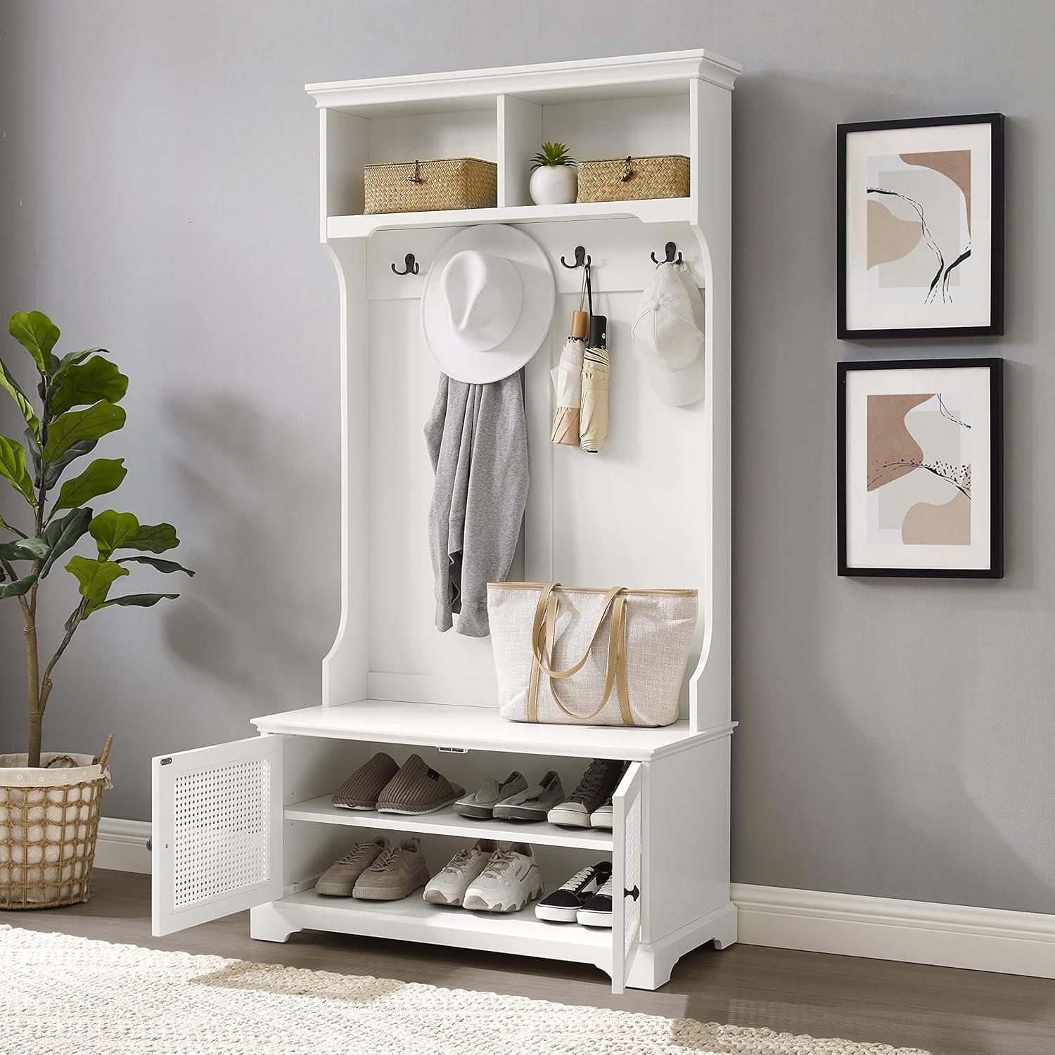 Sarah Hall Tree White - Crosley: Entryway Organizer with Shelving, Coat Hooks, Shoe Cabinet