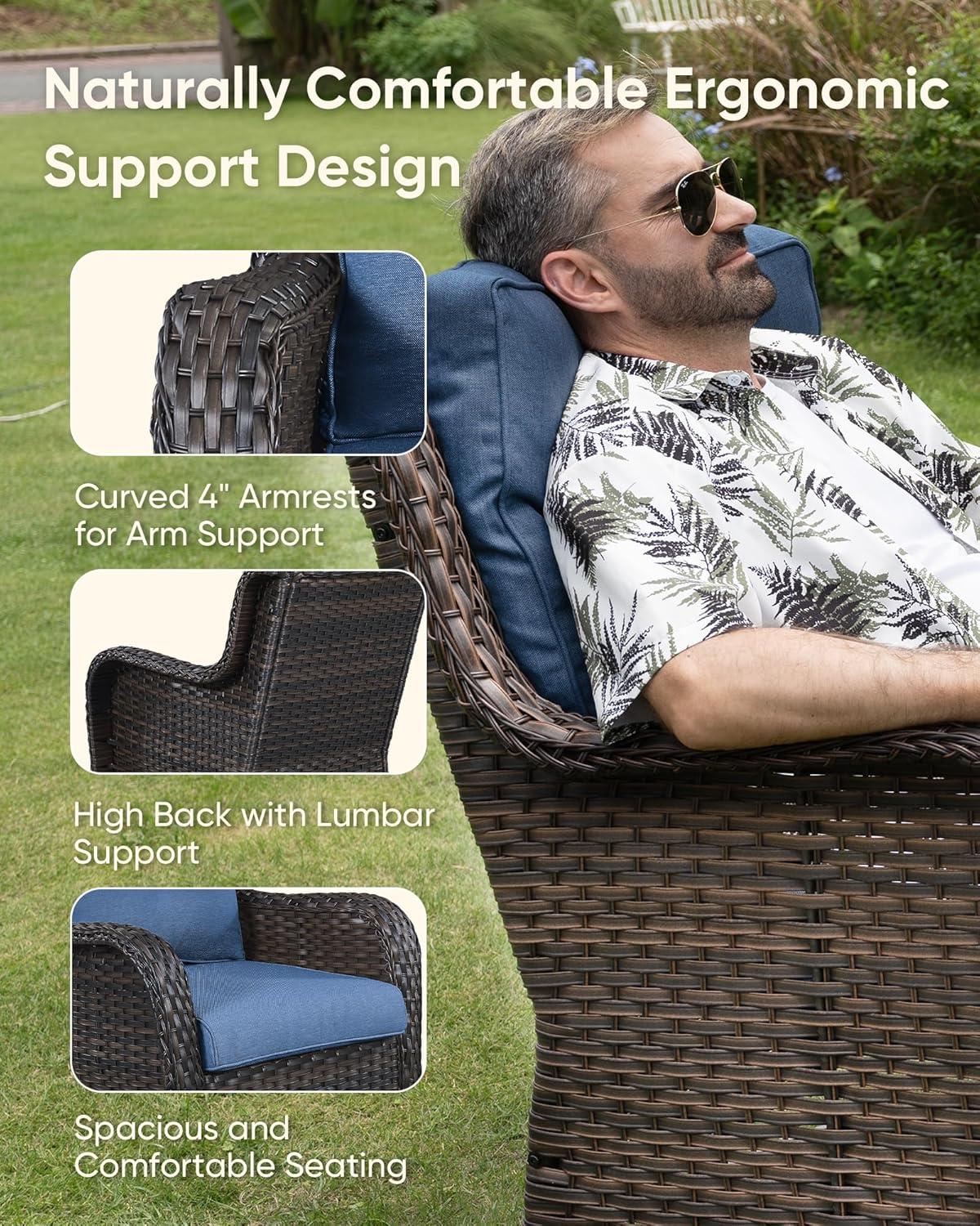 Brown Wicker Swivel Rocker Patio Chairs with Blue Cushions, Set of 2