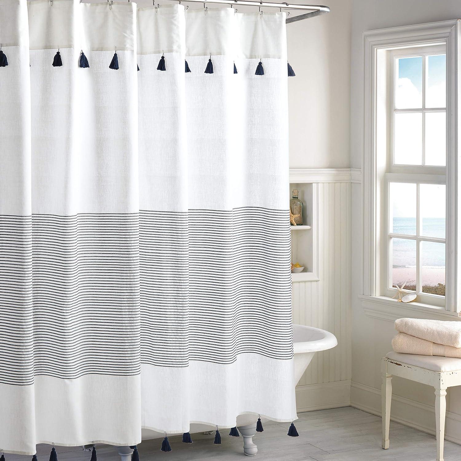 Navy and White Cotton Stripe Shower Curtain with Tassels