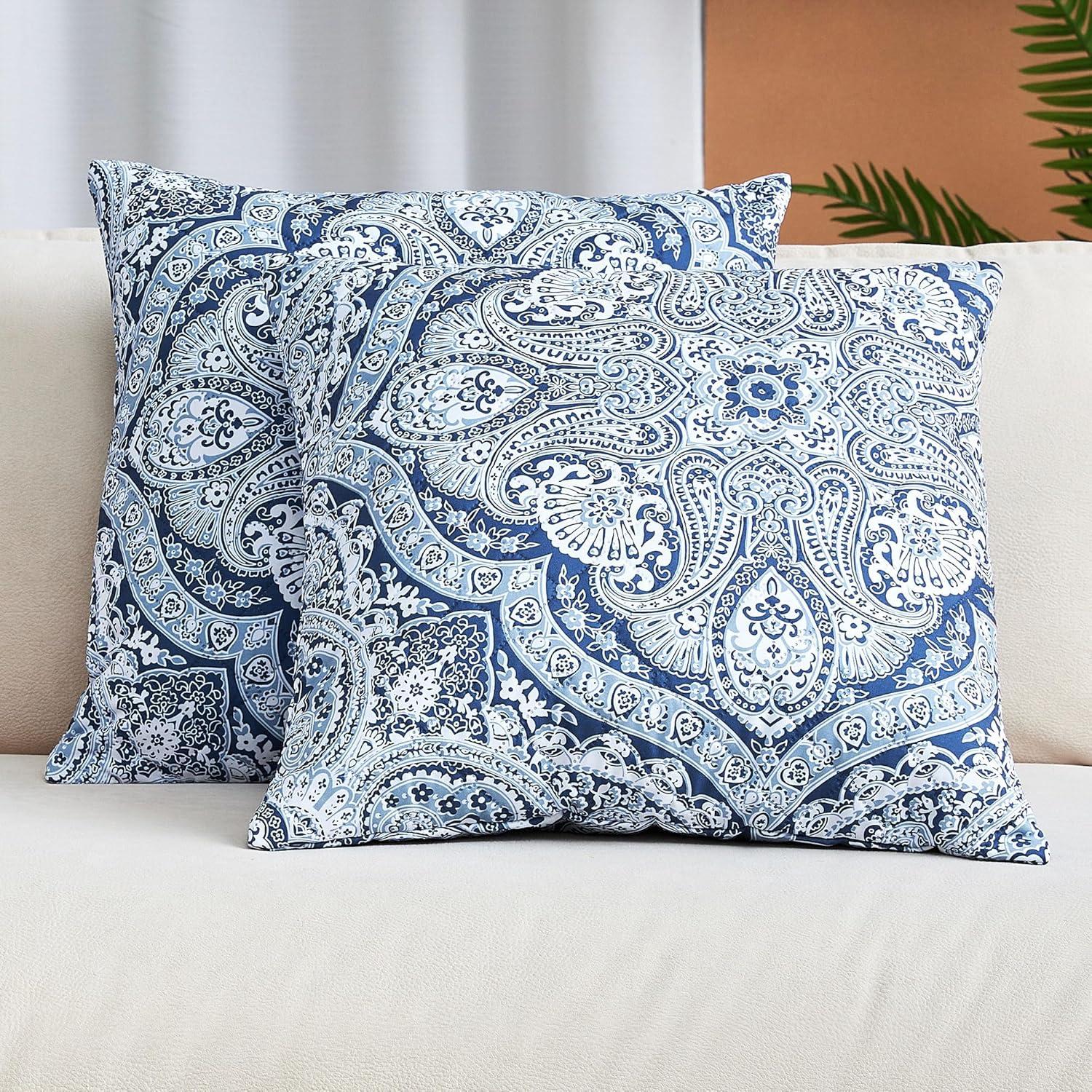Mellanni Decorative Throw Pillow Covers with Pinsonic Quilt Stitching, 18x18, Medallion Blue, 2 Count