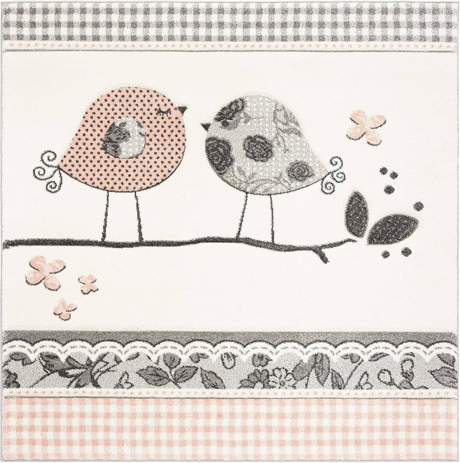 Playful Pals 3' Square Pink and Ivory Synthetic Kids Area Rug