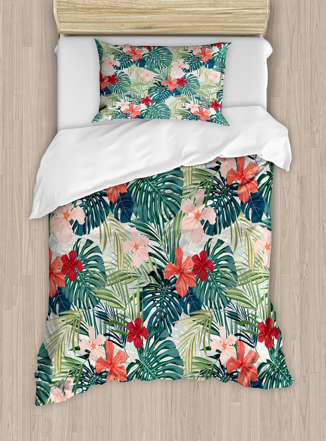 Leaf Duvet Cover Set Twin Size, Summer Beach Holiday Themed Hibiscus Plumeria Crepe Ginger Flowers, Decorative 2 Piece Bedding Set with 1 Pillow Sham, Pink Red Green and Dark Green, by Ambesonne