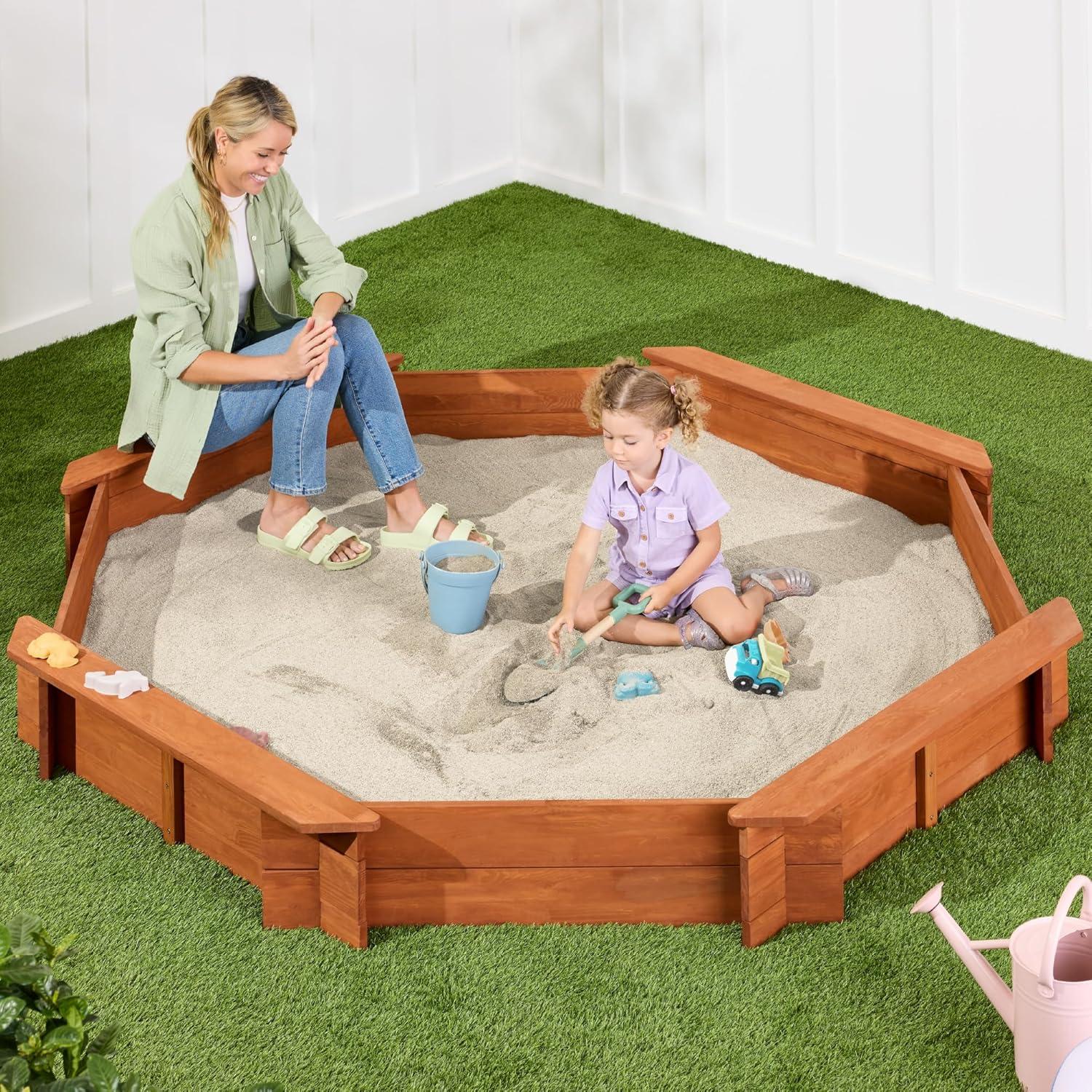 Best Choice Products Kid's Octagonal Wooden Outdoor Sandbox w/ Benches, 8 Seats, Cover, XL Sandpit, Liner