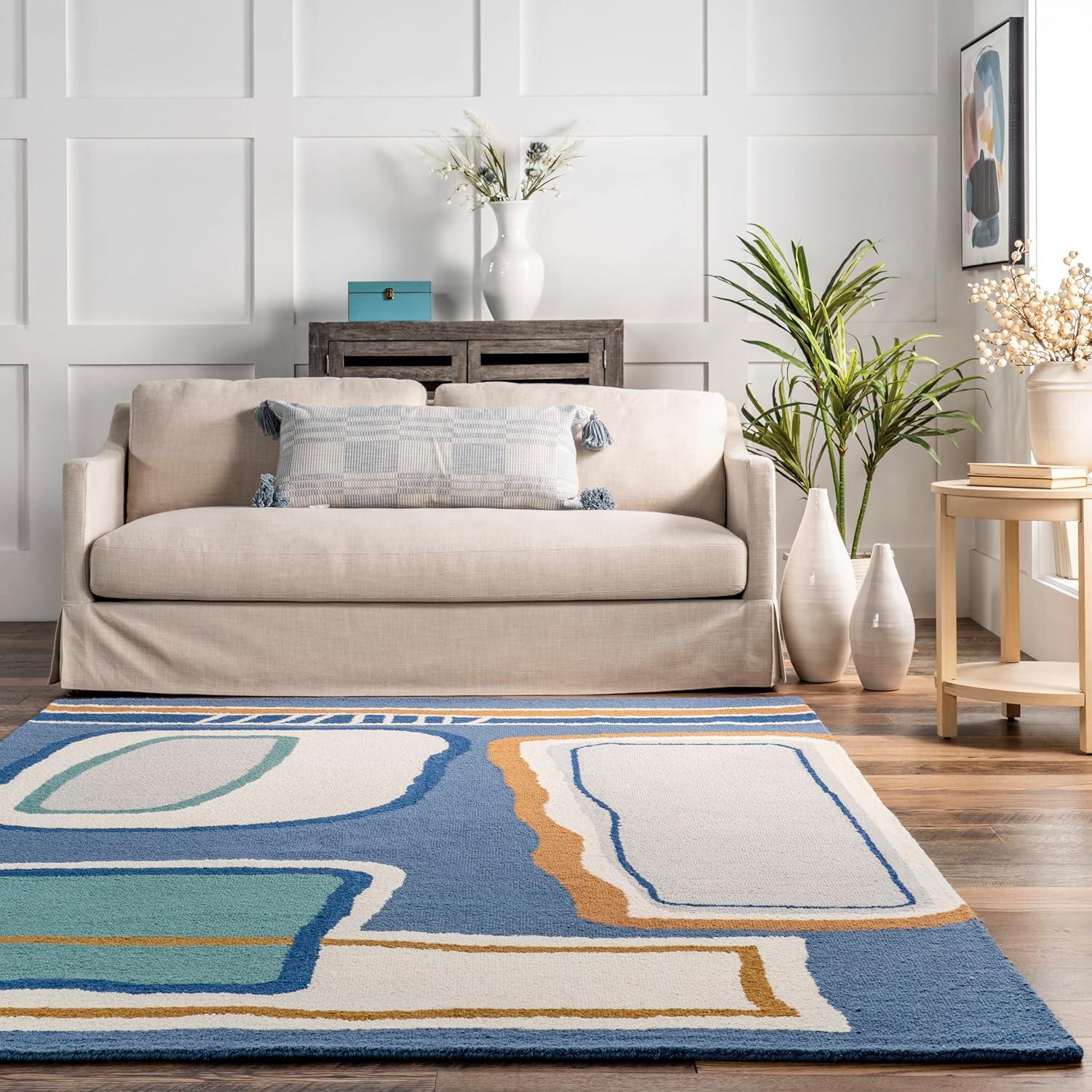 Nuloom Terica Abstract 4x6 Wool Indoor Area Rug for Living Room Bedroom Dining Room Kitchen, Blue/Ivory