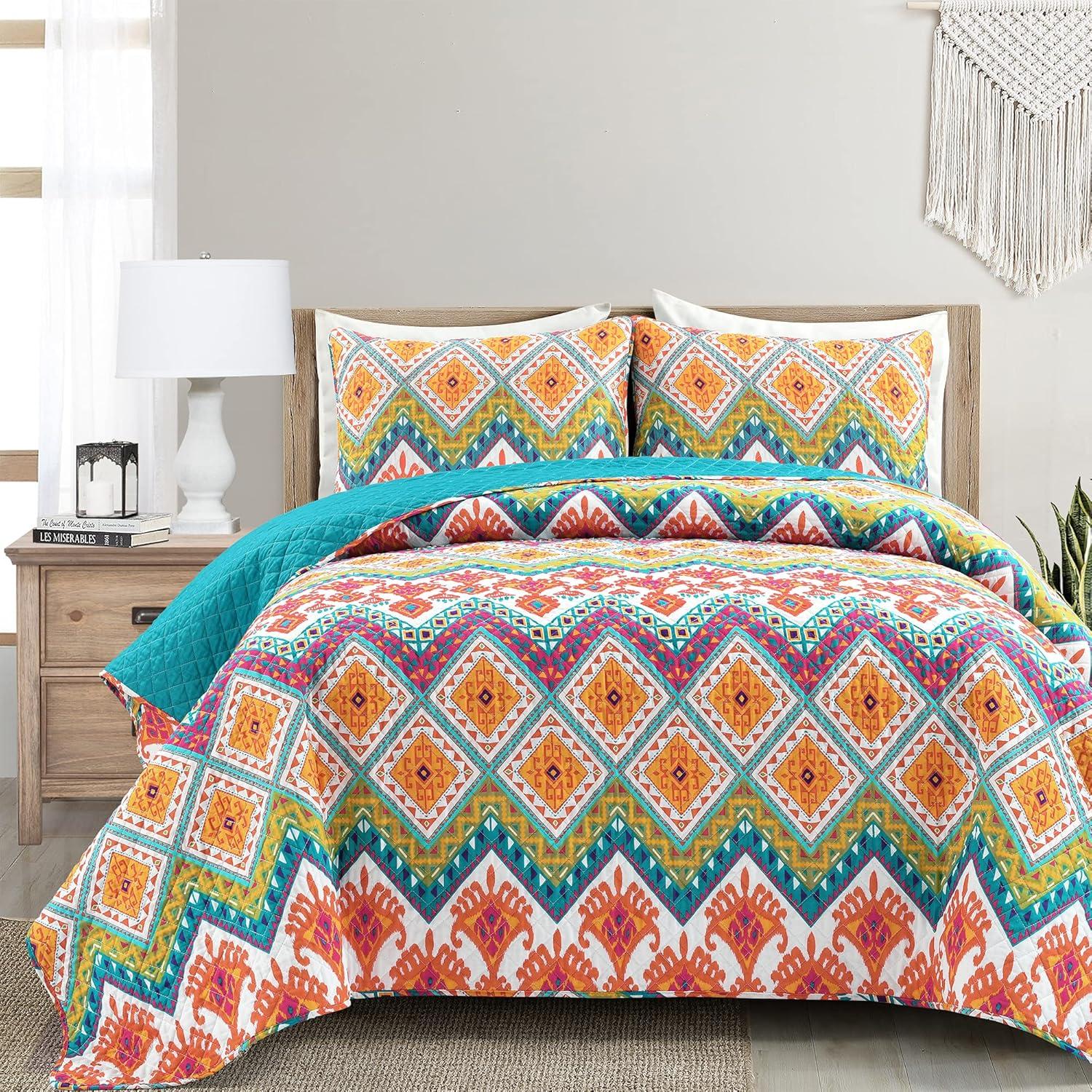 Boho Turquoise/Orange/Purple Standard Cotton Reversible 3 Piece Quilt Set