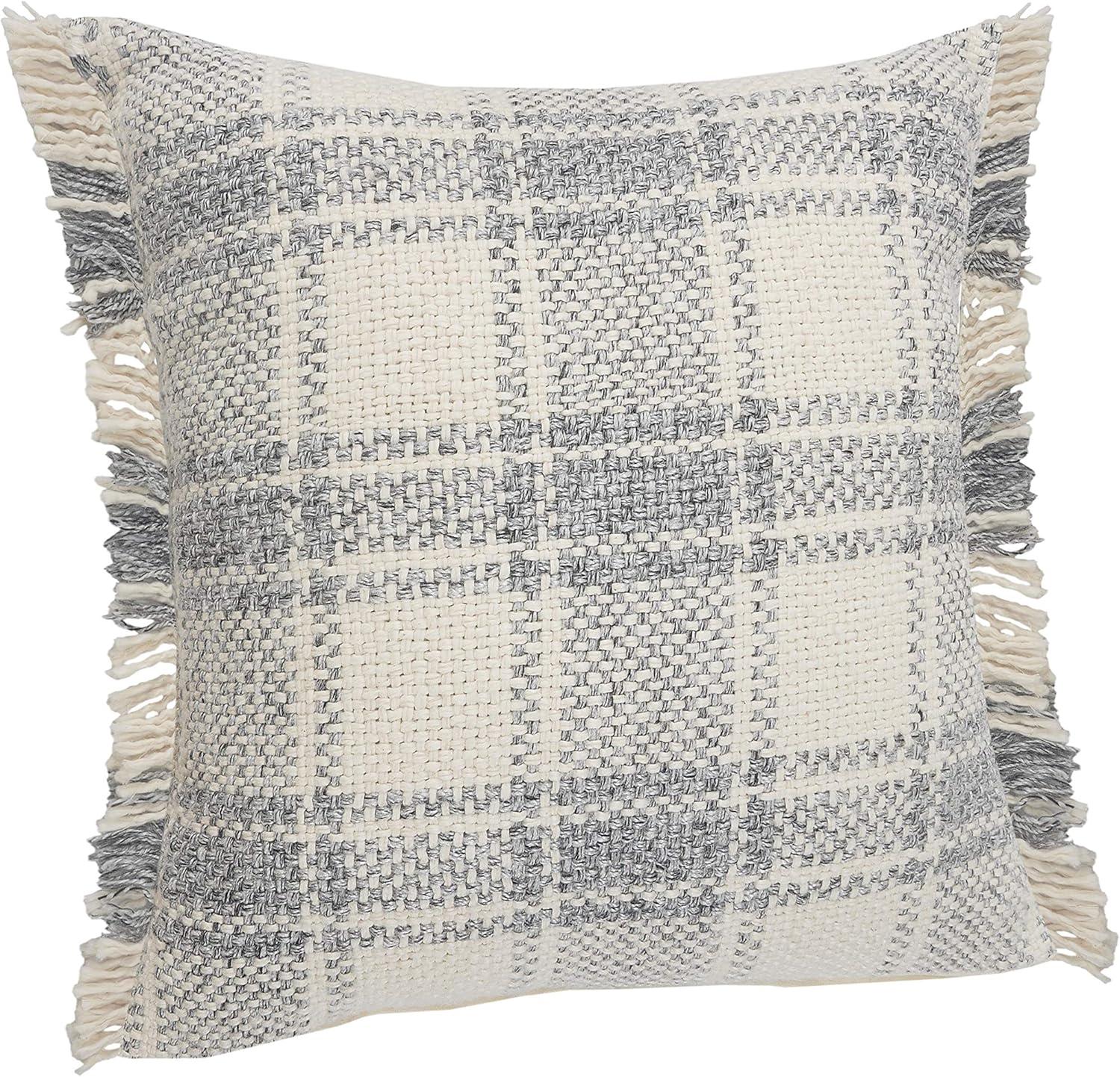 Charles 20" Gray Plaid Cotton Fringed Throw Pillow