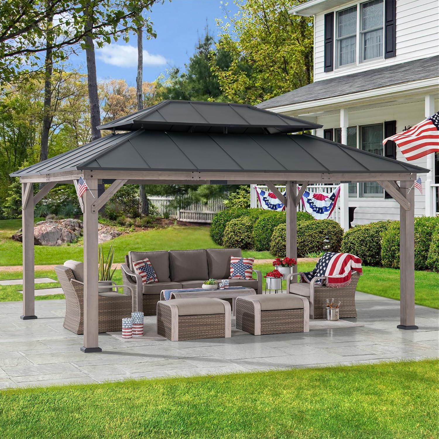 Sunjoy 12x16 ft. Wood Gazebo, Outdoor Patio Steel Hardtop Gazebo, Cedar Framed Wooden Gazebo with 2-tier Metal Roof, Suitable for Patios, Lawn, and Backyard, Matte Black