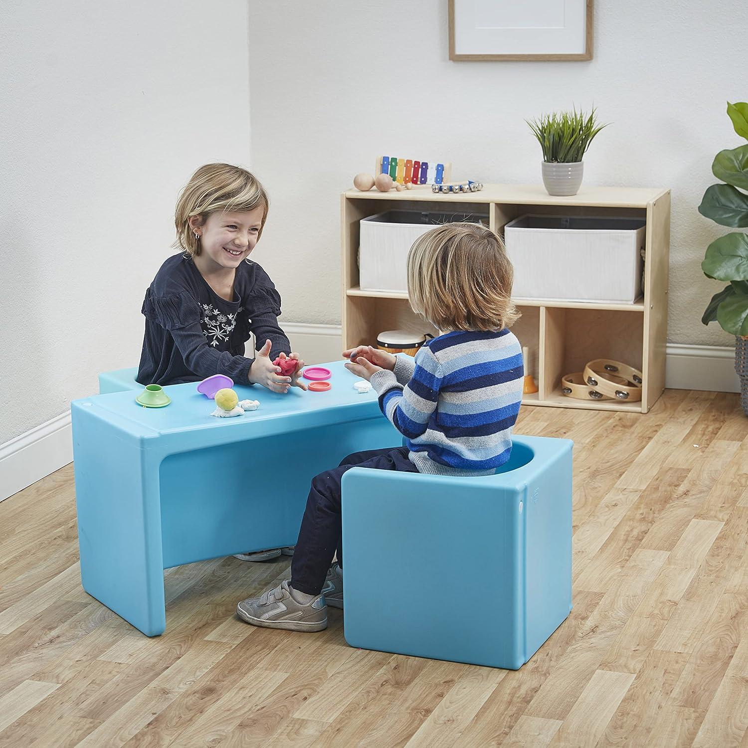 Cyan Plastic Multipurpose Kids Table and Cube Chair Set