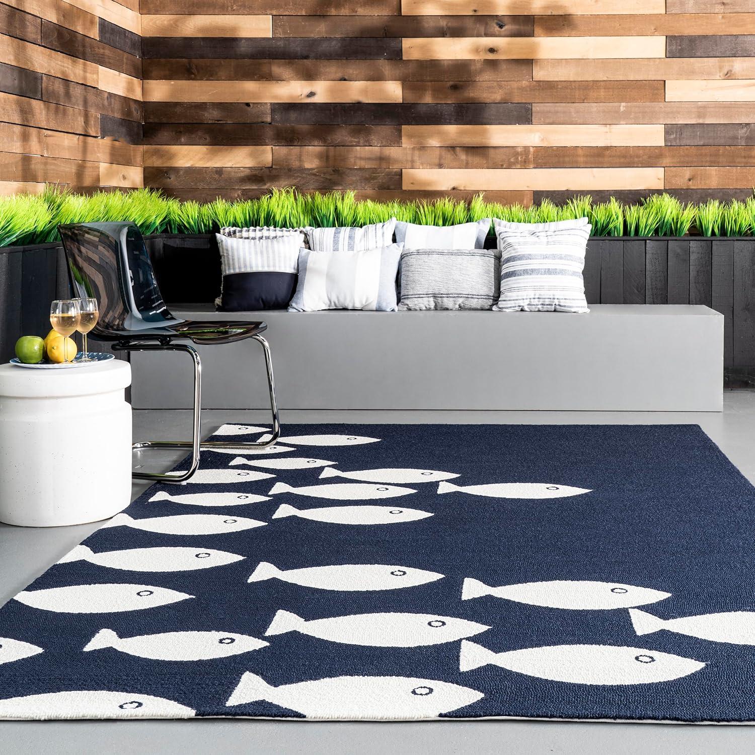 Navy and White Fish Pattern Indoor/Outdoor Rug