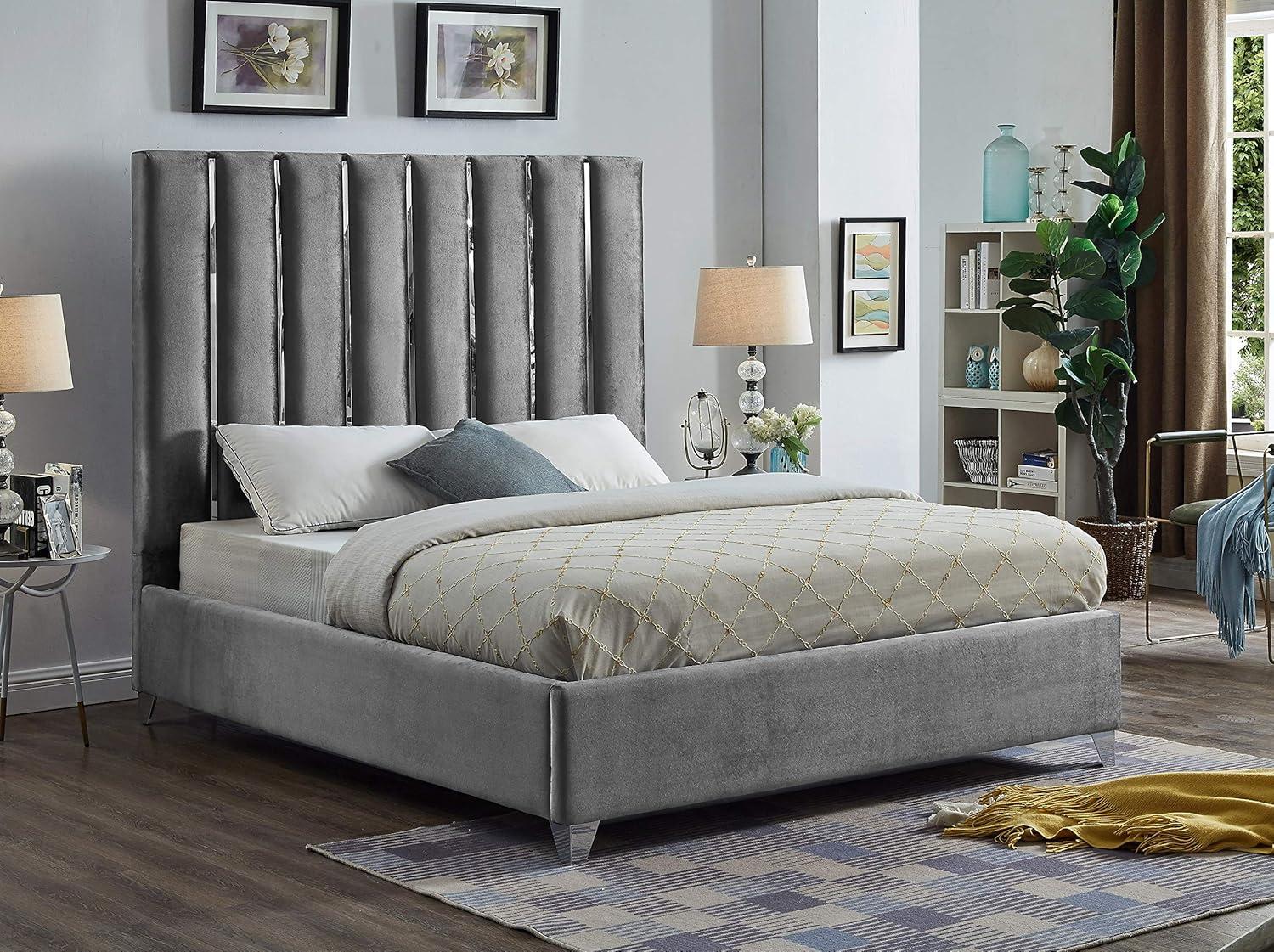 Grey Velvet Upholstered Queen Bed with Tufted Headboard