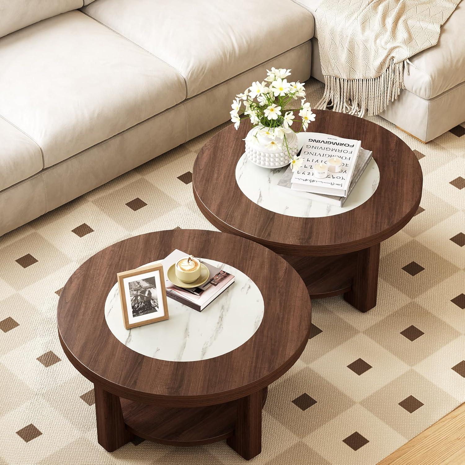 LITTLE TREE Modern Round Coffee Table, 2-Tier Wood Coffee Table with Storage, Marble-Like Tabletop for Living Room, Simple & Modern Center Table for Small Space, Brown
