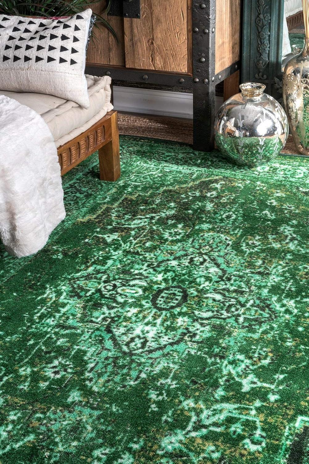 Vintage Reiko Overdyed Green 8' Square Synthetic Rug