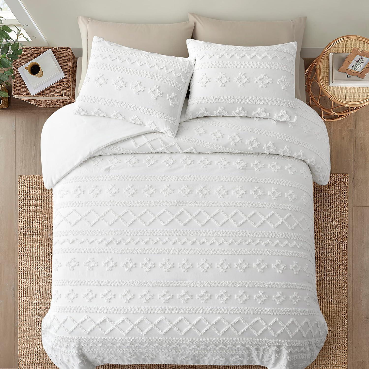 White King Comforter Set Tufted Bedding Sets King 3 Pieces, Boho Shabby Chic Comforter with 2 Pillowcases (White,King)