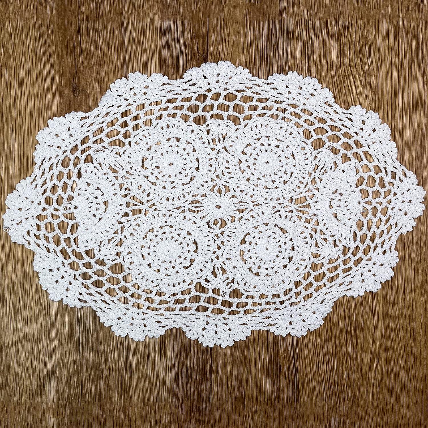 Handmade White Crochet Cotton Lace Oval Placemats, 12 x 17 inch, Set of 4